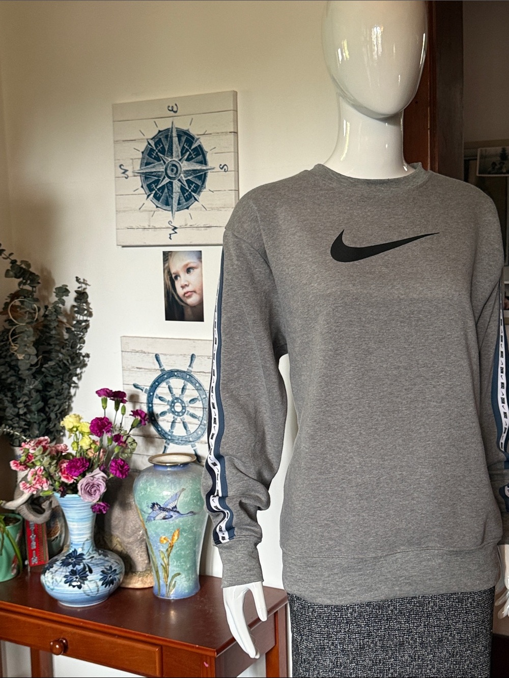 New Nike Gray Sweatshirt  size L with Black Swoosh and Navy-Trim Sleeves